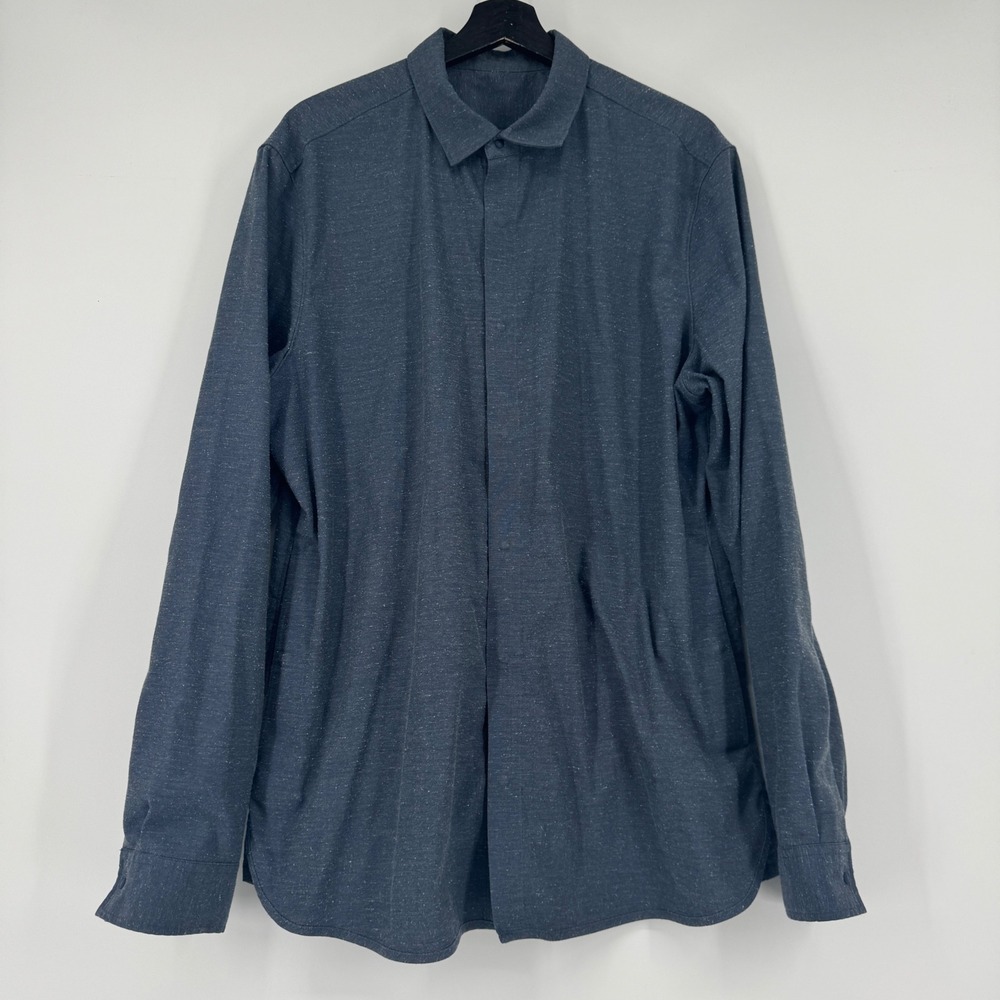 Lululemon Mens Long Sleeve Hidden Button Down Shirt Blue Heathered XL